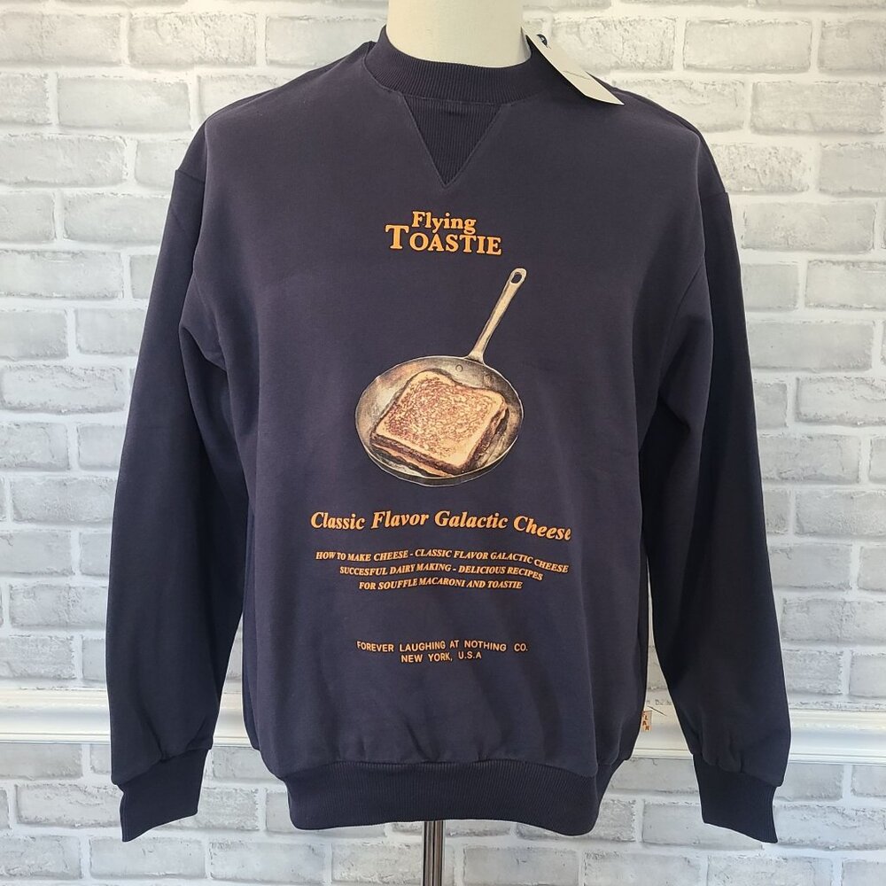 FLAN Flying Toastie Grilled Cheese Graphic Sweatshirt Mens Small Navy Blue NEW